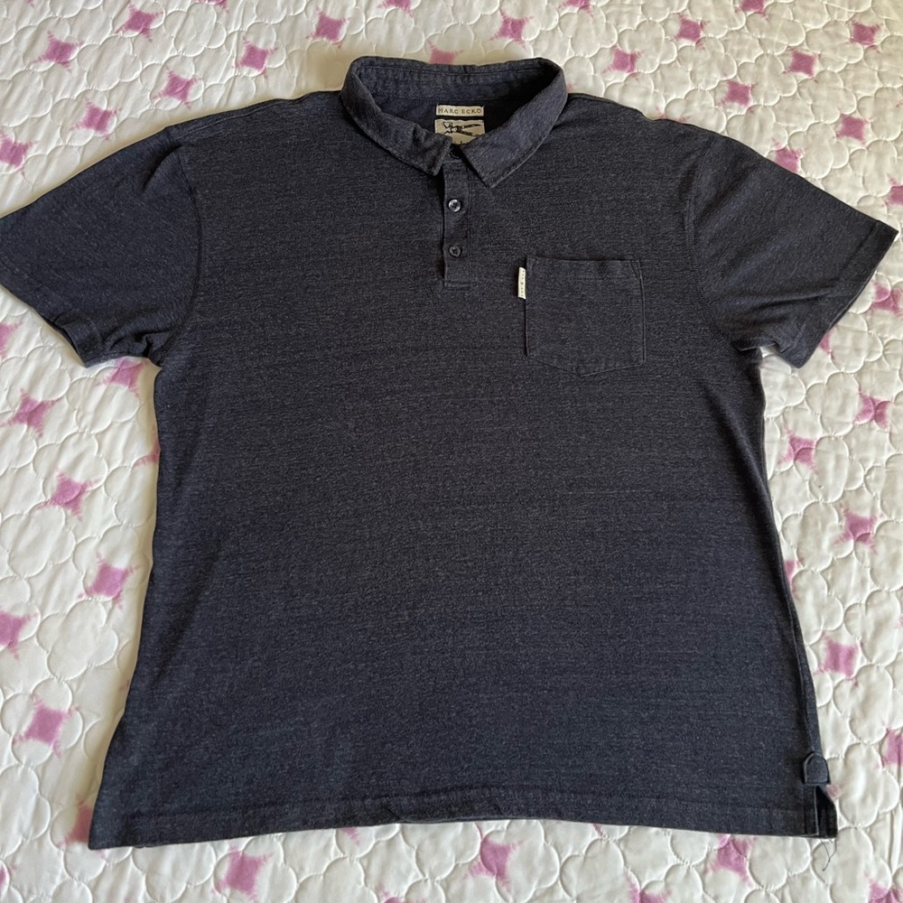 Marc Ecko Cut & Sew Heather Dark Blue Gray Polo Shirt Short Sleeve One Pocket XL